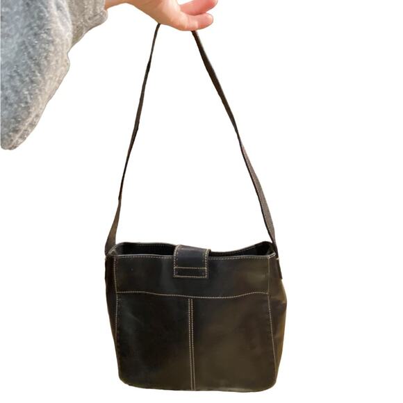 Fossil Shoulder Bag in a Dark Brown/Black with Stitching and Magnetic Closure - Picture 2 of 7